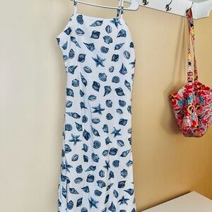 White Dress with Blue Seashell Print